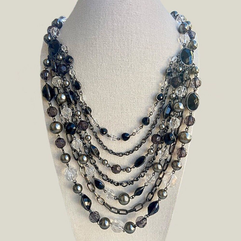 Multi-Layered Black Gunmetal & Silver Multi-strand Beaded Waterfall Necklace